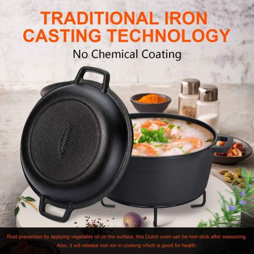  [아마존 핫딜] [아마존핫딜]Overmont Dutch Oven Cast Iron Casserole Pot 5 QT Dual Function Lid Griddle Skillet Pre Seasoned with Handle Covers Stand for Camping Home Cooking BBQ Baking