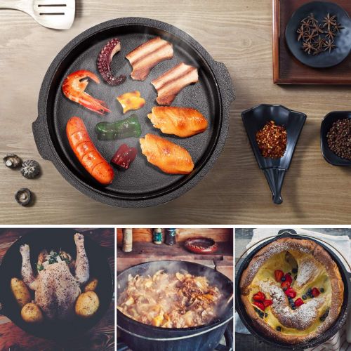  [아마존 핫딜] [아마존핫딜] Overmont Feuertopf Dutch Oven Gusseisen Kochtopf einsatzfertig eingebrannt [Doppelfunktion Deckel & Bratpfanne] [mit Deckelheber Fuesse] fuer Camping Garten Lagerfeuer und Grillen 5,7