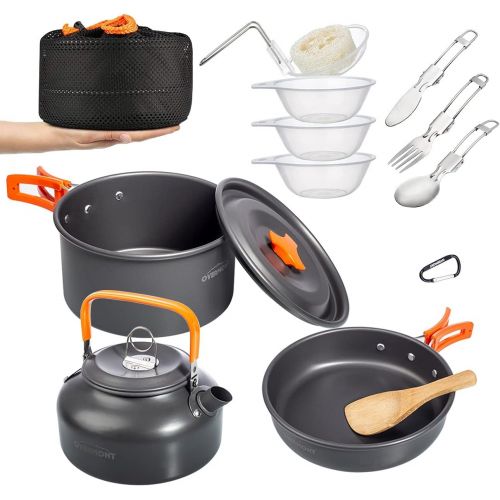  Overmont 1.95 Liter (Pot+ Kettle) Camping Cookware Set 1-2 Person Campfire Kettle Outdoor Cooking Mess Kit Pots Pan for Backpacking Hiking Picnic Fishing with Spork Knife Spoon