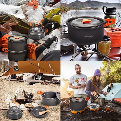  Overmont 1.95 Liter (Pot+ Kettle) Camping Cookware Set 1-2 Person Campfire Kettle Outdoor Cooking Mess Kit Pots Pan for Backpacking Hiking Picnic Fishing with Spork Knife Spoon