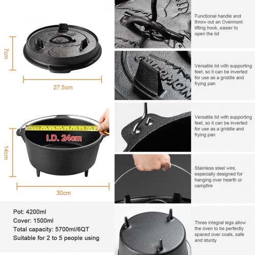  Overmont Camp Dutch Oven Pre Seasoned Cast Iron Lid Also a Skillet Casserole Pot with Lid Lifter for Camping Cooking BBQ Baking 6QT(Pot+Lid)