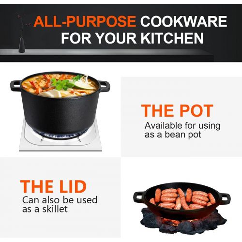  Overmont 2 in 1 Dutch Oven with Skillet Lid Cookbook Recipe 5 QT Cast Iron Casserole Pot + 1.6 QT Skillet Lid Pre Seasoned with Handle Covers for Camping Home Cooking BBQ Baking Mo