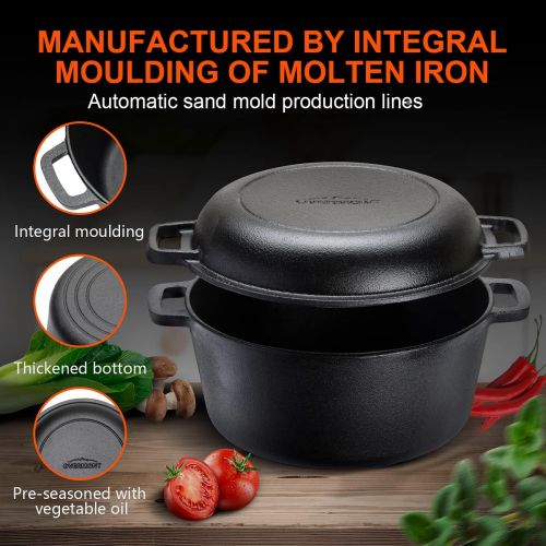  Overmont 2 in 1 Dutch Oven with Skillet Lid Cookbook Recipe 5 QT Cast Iron Casserole Pot + 1.6 QT Skillet Lid Pre Seasoned with Handle Covers for Camping Home Cooking BBQ Baking Mo