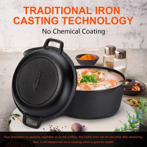  Overmont 2 in 1 Dutch Oven with Skillet Lid Cookbook Recipe 5 QT Cast Iron Casserole Pot + 1.6 QT Skillet Lid Pre Seasoned with Handle Covers for Camping Home Cooking BBQ Baking Mo