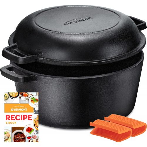  Overmont 2 in 1 Dutch Oven with Skillet Lid Cookbook Recipe 5 QT Cast Iron Casserole Pot + 1.6 QT Skillet Lid Pre Seasoned with Handle Covers for Camping Home Cooking BBQ Baking Mo