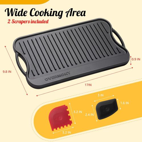  Overmont Pre-seasoned 17x9.8 Cast Iron Reversible Griddle Grill Pan with handles for Gas Stovetop Open Fire Oven, One tray, Scrapers Included