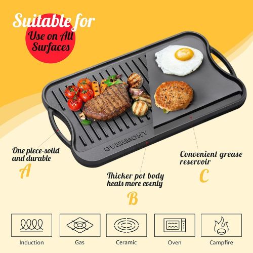  Overmont Pre-seasoned 17x9.8 Cast Iron Reversible Griddle Grill Pan with handles for Gas Stovetop Open Fire Oven, One tray, Scrapers Included