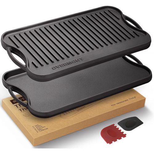  Overmont Pre-seasoned 17x9.8 Cast Iron Reversible Griddle Grill Pan with handles for Gas Stovetop Open Fire Oven, One tray, Scrapers Included