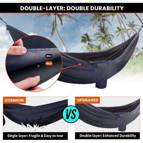  Overmont Double Layers Outdoor Hammock with Tree Straps German TUV Certificated Portable Camping Hammock for Two Lightweight for Backpacking Hiking Sports Travel Max Load of 880lbs