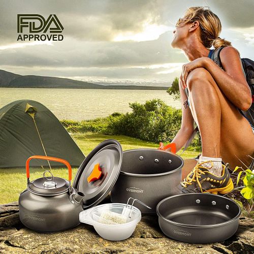  Overmont 12pc 14pc Camping Cookware Mess Kit, Portable Camping Cooking Set for Backpacking, Outdoor Hiking and Picnic Pot Pan Folding Spork Knife Spoon Kit