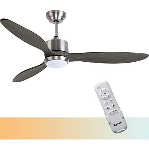 Ovlaim 52 Inch DC Motor Dark Grey Solid Wood Propeller Ceiling Fan Indoor with Light and Remote Control, Dimmable Lighting & 3 Blades Ceiling Fan Modern for Living Room Dining Room
