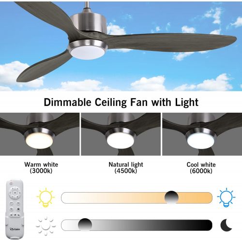  Ovlaim 52 Inch DC Motor Dark Grey Solid Wood Propeller Ceiling Fan Indoor with Light and Remote Control, Dimmable Lighting & 3 Blades Ceiling Fan Modern for Living Room Dining Room