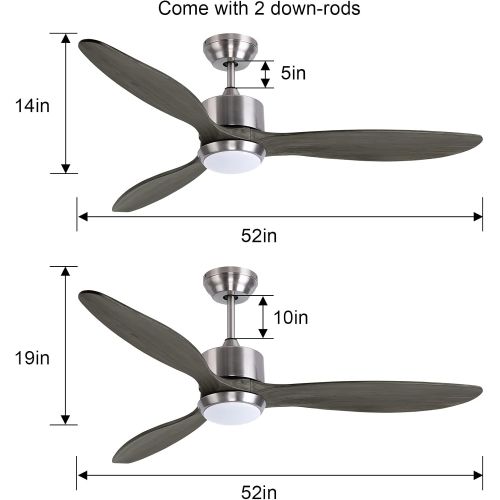  Ovlaim 52 Inch DC Motor Dark Grey Solid Wood Propeller Ceiling Fan Indoor with Light and Remote Control, Dimmable Lighting & 3 Blades Ceiling Fan Modern for Living Room Dining Room