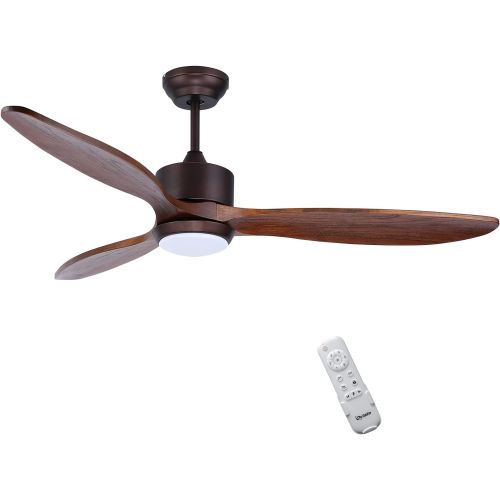  Ovlaim 52 Inch Walnut Wood DC Motor Ceiling Fan with Light, Dimmable LED Lighting & Large Propeller 6 Speed Quiet Ceiling Fan with Remote Control 3 Blades for Outdoor Farmhouse Patio, Bro