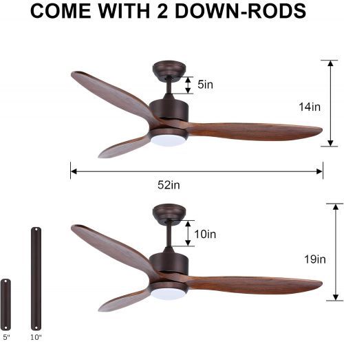  Ovlaim 52 Inch Walnut Wood DC Motor Ceiling Fan with Light, Dimmable LED Lighting & Large Propeller 6 Speed Quiet Ceiling Fan with Remote Control 3 Blades for Outdoor Farmhouse Patio, Bro