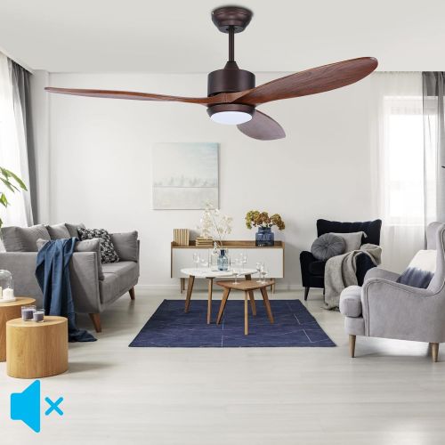  Ovlaim 52 Inch Walnut Wood DC Motor Ceiling Fan with Light, Dimmable LED Lighting & Large Propeller 6 Speed Quiet Ceiling Fan with Remote Control 3 Blades for Outdoor Farmhouse Patio, Bro