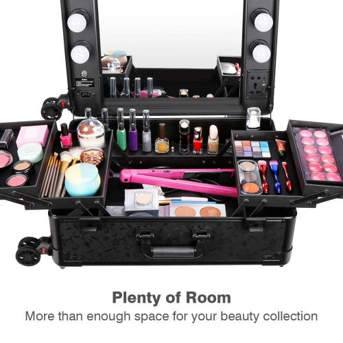  Ovonni Makeup Train Case, Lighted Rolling Travel Portable Cosmetic Organizer Box with Mirror & 4 Detachable Wheels, Professional Artist Trolley Studio Free Standing Workstation, Pa