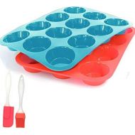 [아마존베스트]DSHT Silicone Muffin Pan Set and Spatula, 3-Pack, Mini 12 Cup Cupcake Pan, Best Food Grade Egg Muffin Tin Baking Molds, Non-stick & BPA Free, Dishwasher - Microwave Safe(Red+Blue)