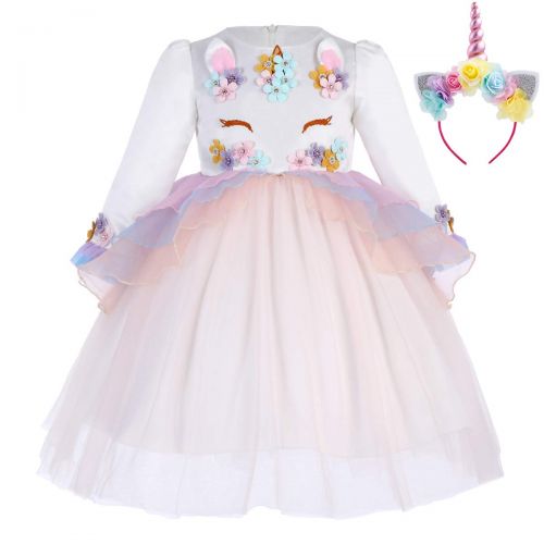  OwlFay Girls Unicorn Dress up Costume Long Sleeve Birthday Wedding Party Princess Dresses Gown Flower Headband Outfit for Kids