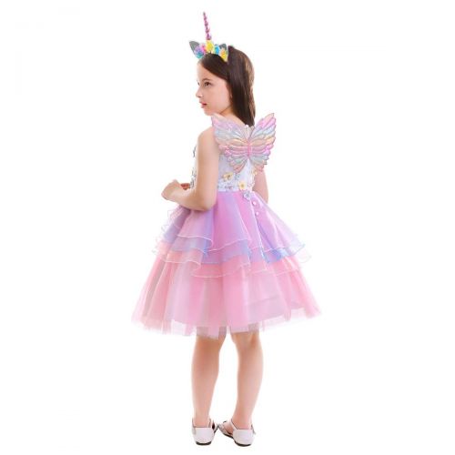  OwlFay Girls Unicorn Costume Pageant Princess Party Dress + Headband + Angel Wings Birthday Outfit Photo Cosplay 3pcs Set for Kids