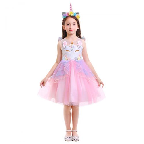  OwlFay Girls Unicorn Costume Pageant Princess Party Dress + Headband + Angel Wings Birthday Outfit Photo Cosplay 3pcs Set for Kids