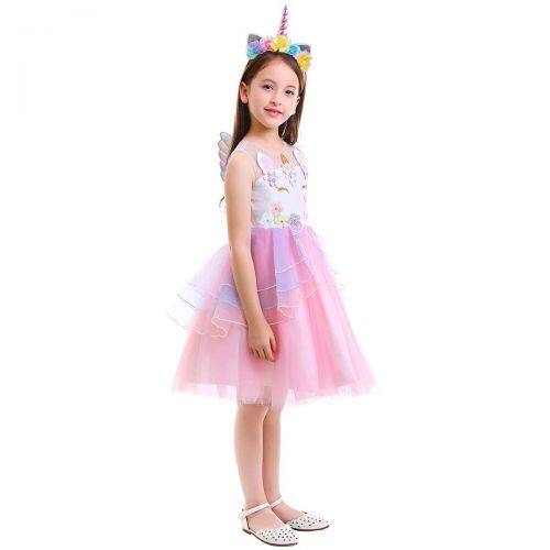  OwlFay Girls Unicorn Costume Pageant Princess Party Dress + Headband + Angel Wings Birthday Outfit Photo Cosplay 3pcs Set for Kids