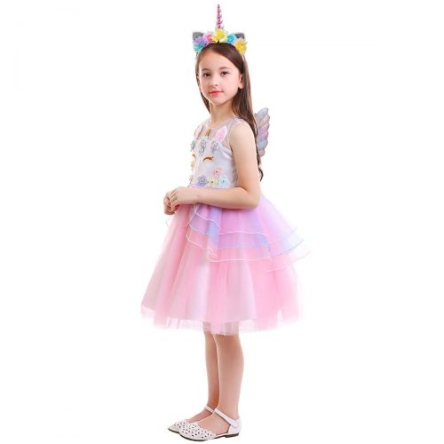  OwlFay Girls Unicorn Costume Pageant Princess Party Dress + Headband + Angel Wings Birthday Outfit Photo Cosplay 3pcs Set for Kids