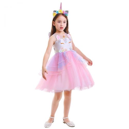  OwlFay Girls Unicorn Costume Pageant Princess Party Dress + Headband + Angel Wings Birthday Outfit Photo Cosplay 3pcs Set for Kids