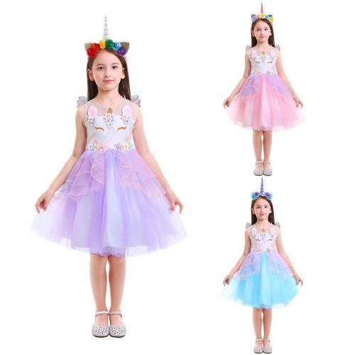  OwlFay Girls Unicorn Costume Pageant Princess Party Dress + Headband + Angel Wings Birthday Outfit Photo Cosplay 3pcs Set for Kids