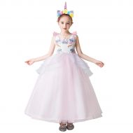 OwlFay Girls Long Unicorn Dress Princess Pageant Wedding Party Maxi Gown with Headband Wings 3pcs Photo Costume Set for Kids