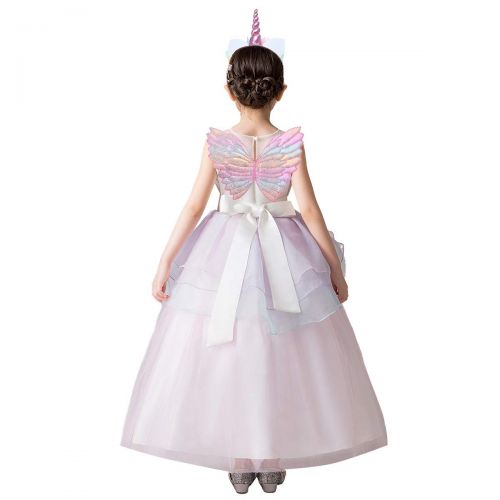  OwlFay Girls Long Unicorn Dress Princess Pageant Wedding Party Maxi Gown with Headband Wings 3pcs Photo Costume Set for Kids