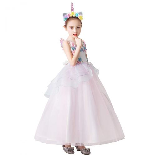 OwlFay Girls Long Unicorn Dress Princess Pageant Wedding Party Maxi Gown with Headband Wings 3pcs Photo Costume Set for Kids