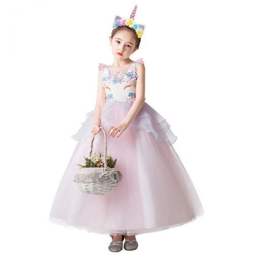  OwlFay Girls Long Unicorn Dress Princess Pageant Wedding Party Maxi Gown with Headband Wings 3pcs Photo Costume Set for Kids