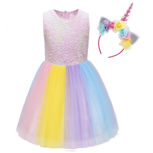  OwlFay Girls Rainbow Unicorn Costume Sequin Pageant Princess Party Dress up Cosplay with Headband Birthday Outfit Set for Kids