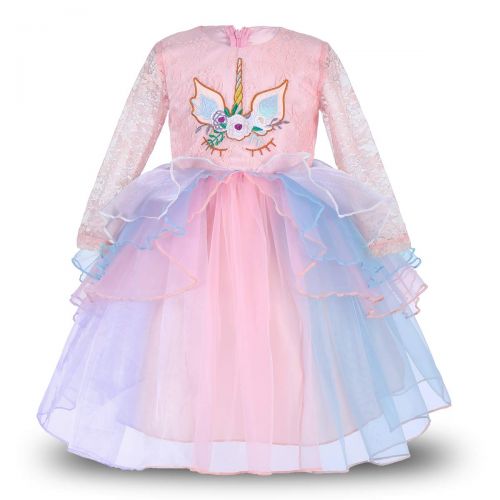  OwlFay Girls Unicorn Dress up Costume Long Sleeve Lace Gown Party Princess Tutu Skirt Headband Birthday Outfit for Kids Baby