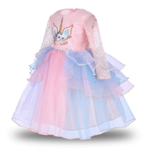  OwlFay Girls Unicorn Dress up Costume Long Sleeve Lace Gown Party Princess Tutu Skirt Headband Birthday Outfit for Kids Baby