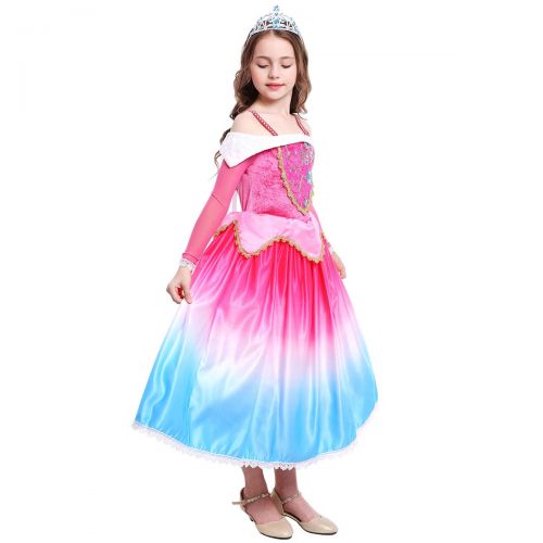  OwlFay Princess Aurora Dress for Girls Party Dress up Halloween Costume Birthday Pageant Long Gown Sleeping Beauty Cosplay