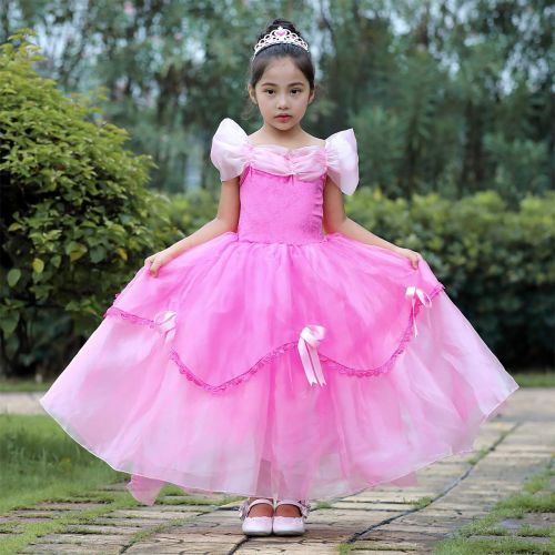  OwlFay Little Girls Princess Dress up Belle Cinderella Aurora Sofia Costume Halloween Carnival Cosplay Long Ball Gown for Kids