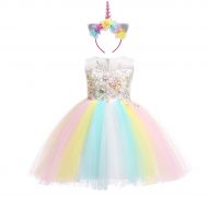 OwlFay Girls Rainbow Unicorn Dress up Costume Puffy Tulle Skirt + Horn Headband Birthday Outfit Wedding Party Dresses for Kids