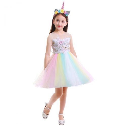  OwlFay Girls Rainbow Unicorn Dress up Costume Puffy Tulle Skirt + Horn Headband Birthday Outfit Wedding Party Dresses for Kids