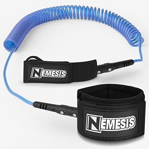  Own the Wave Super Premium 10’ Coiled ‘Nemesis’ SUP Leash with Double Stainless Steel Swivels and Triple Rail Saver  Choose Black or Blue