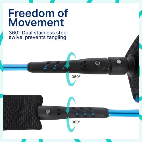  Own the Wave Super Premium 10’ Coiled ‘Nemesis’ SUP Leash with Double Stainless Steel Swivels and Triple Rail Saver  Choose Black or Blue