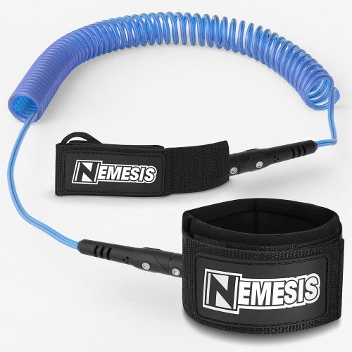  Own the Wave Super Premium 10’ Coiled ‘Nemesis’ SUP Leash with Double Stainless Steel Swivels and Triple Rail Saver  Choose Black or Blue