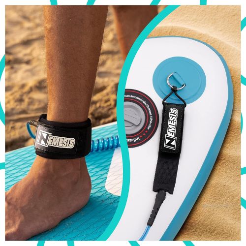  Own the Wave Super Premium 10’ Coiled ‘Nemesis’ SUP Leash with Double Stainless Steel Swivels and Triple Rail Saver  Choose Black or Blue