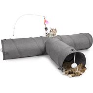 Ownpets Cat Tunnel, 3 Way Collapsible Kitty Tunnel 47 inch Long Cat Tube with Plush Ball & Feather Toy, Large Cat Play Tunnel for Indoor Cat, Kitten, Puppy, Rabbit,and Mongoose