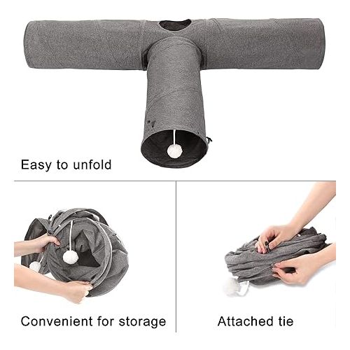  Ownpets Cat Tunnel, 3 Way Collapsible Kitty Tunnel 47 inch Long Cat Tube with Plush Ball & Feather Toy, Large Cat Play Tunnel for Indoor Cat, Kitten, Puppy, Rabbit,and Mongoose