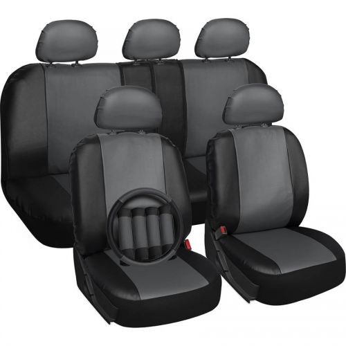  OxGord Oxgord 17-Piece Set Faux LeatherAuto Seat Covers Set, Airbag Compatible, 5050 or 6040 Rear Split Bench, Universal Fit for Car, Truck, or SUV, FREE Steering Wheel Cover, Gray