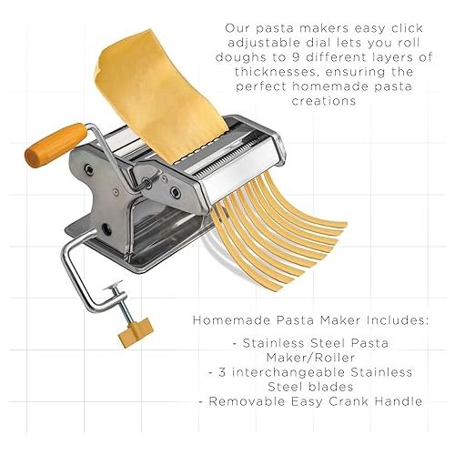  Pasta Maker - Original Design - Noodle Roller Hand Press Machine w/Adjustable Thickness - Washable Aluminum Alloy Rollers & Cutters - Manual Kit Best for Spaghetti, Fettuccini & Lasagna Dough