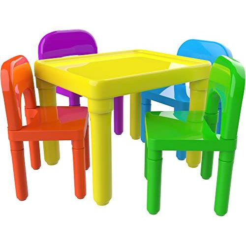  [아마존베스트]OxGord Kids Activity Table and Chairs Set - Toddler Activity Chair Best for Toddlers Reading, Train, Art, Crafts, Play-Room (4 Childrens Seats with 1 Table Sets) Little Kid Children Furni