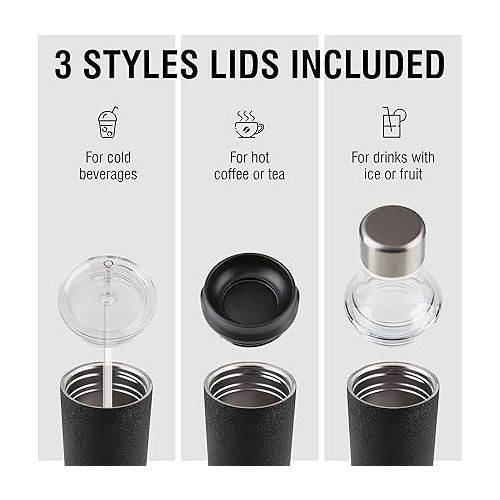 오자크트레일 Tumbler Set - 20 Oz, 3 Lids & Straw, Vacuum Insulated Stainless Steel Bottle with Leak-Proof Lid, Coffee Travel Mug With Straw Lid, Gift Box,Black